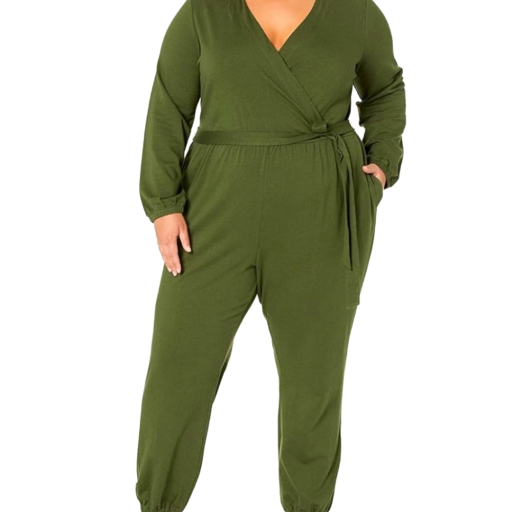 Women's Utility Jumpsuit Cotton Stretch V Neck Wrap Belt Front & Back Pockets 1X